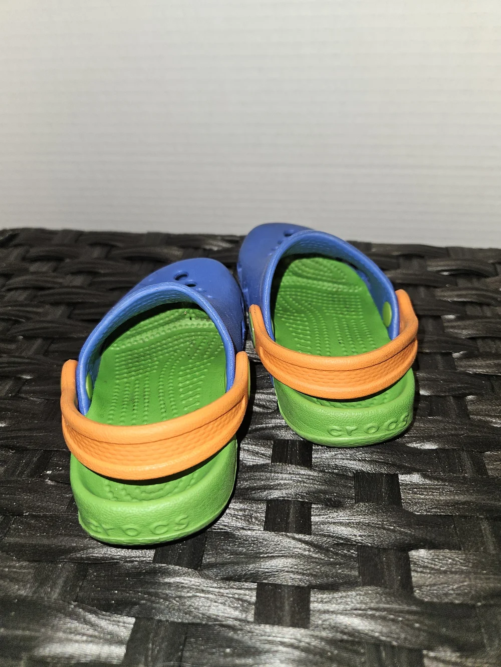 CROCS Kids Clog in Blue with Orange Strap and Green Footbed